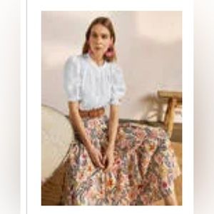 Boden white linen smocked shirt, mandarin collar.